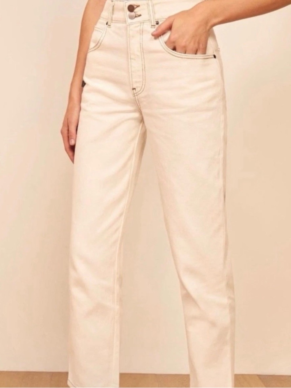 Reformation Nadia Jean Ivory Cream Contrast Stitch High Rise Tapered Jeans 24